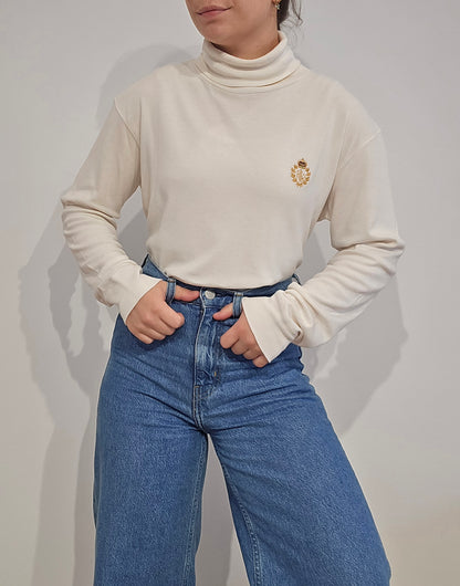 Pull col roulé banc brodé des années 90' - M