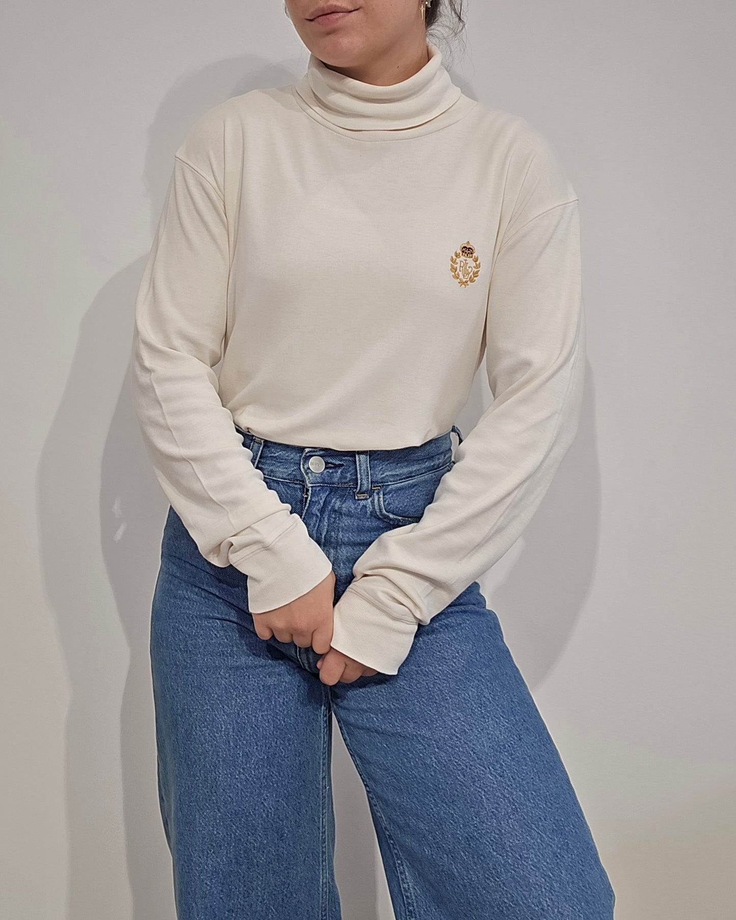 Pull col roulé banc brodé des années 90' - M