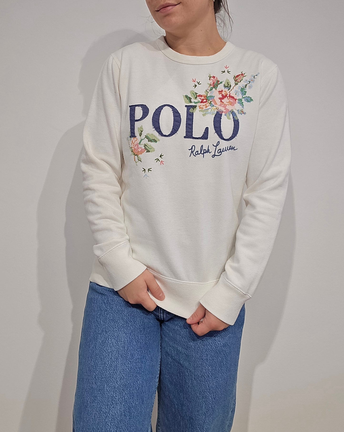Sweat blanc brodé fleuris - XS