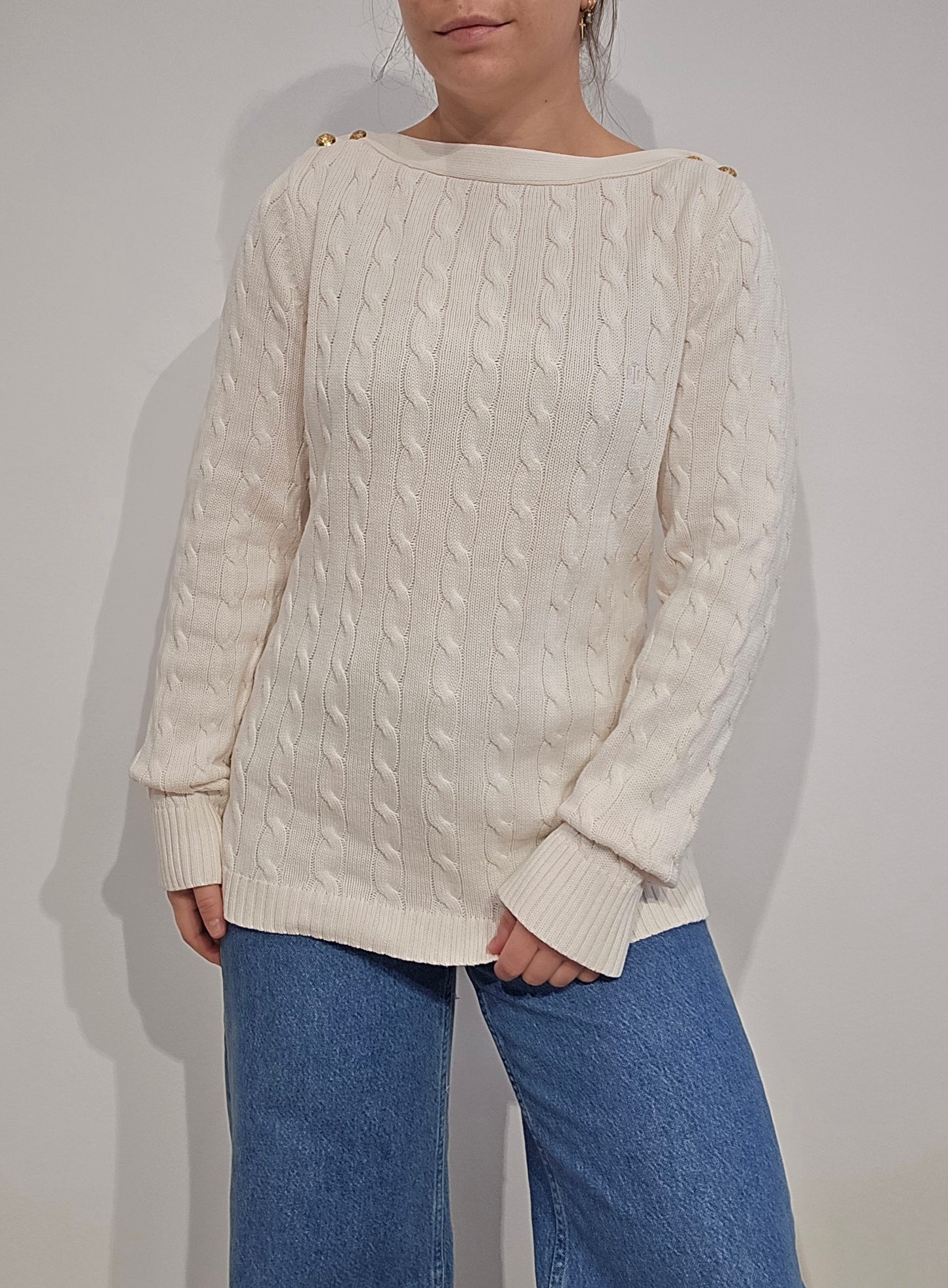 Pull en maille torsadée crème col bateau - M