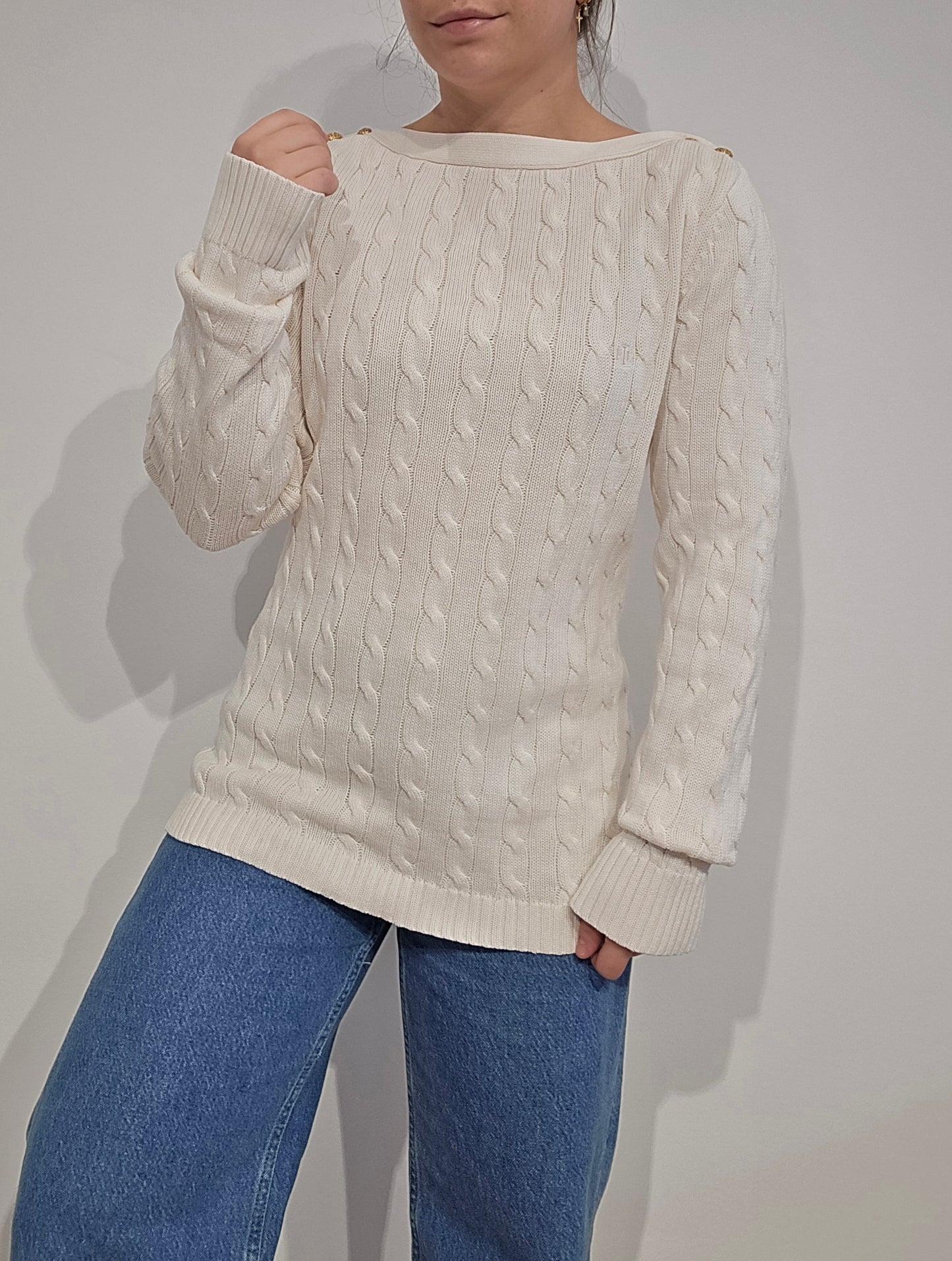 Pull en maille torsadée crème col bateau - M