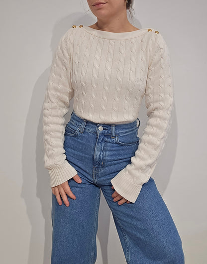 Pull en maille torsadée crème col bateau - M