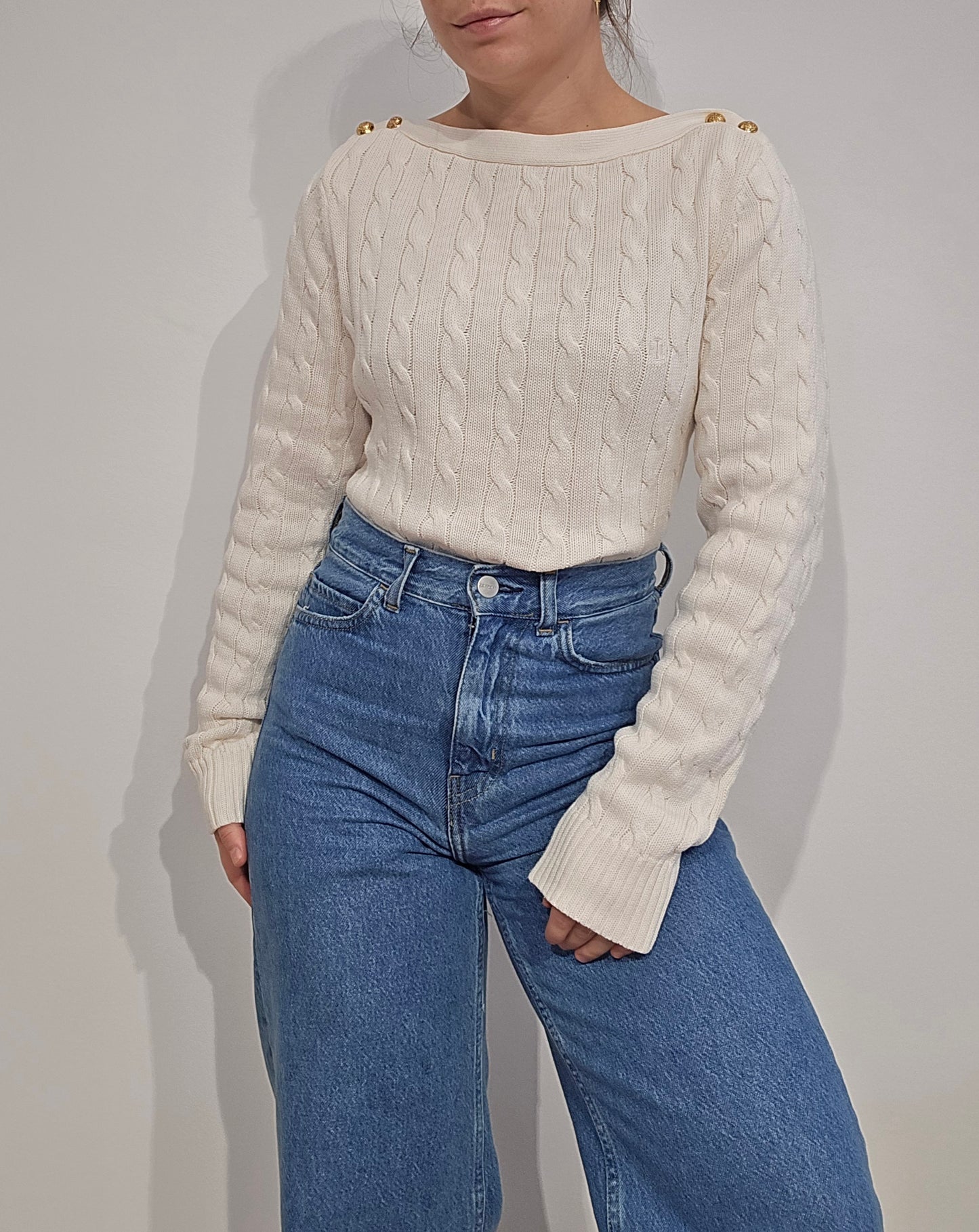 Pull en maille torsadée crème col bateau - M