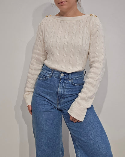 Pull en maille torsadée crème col bateau - M