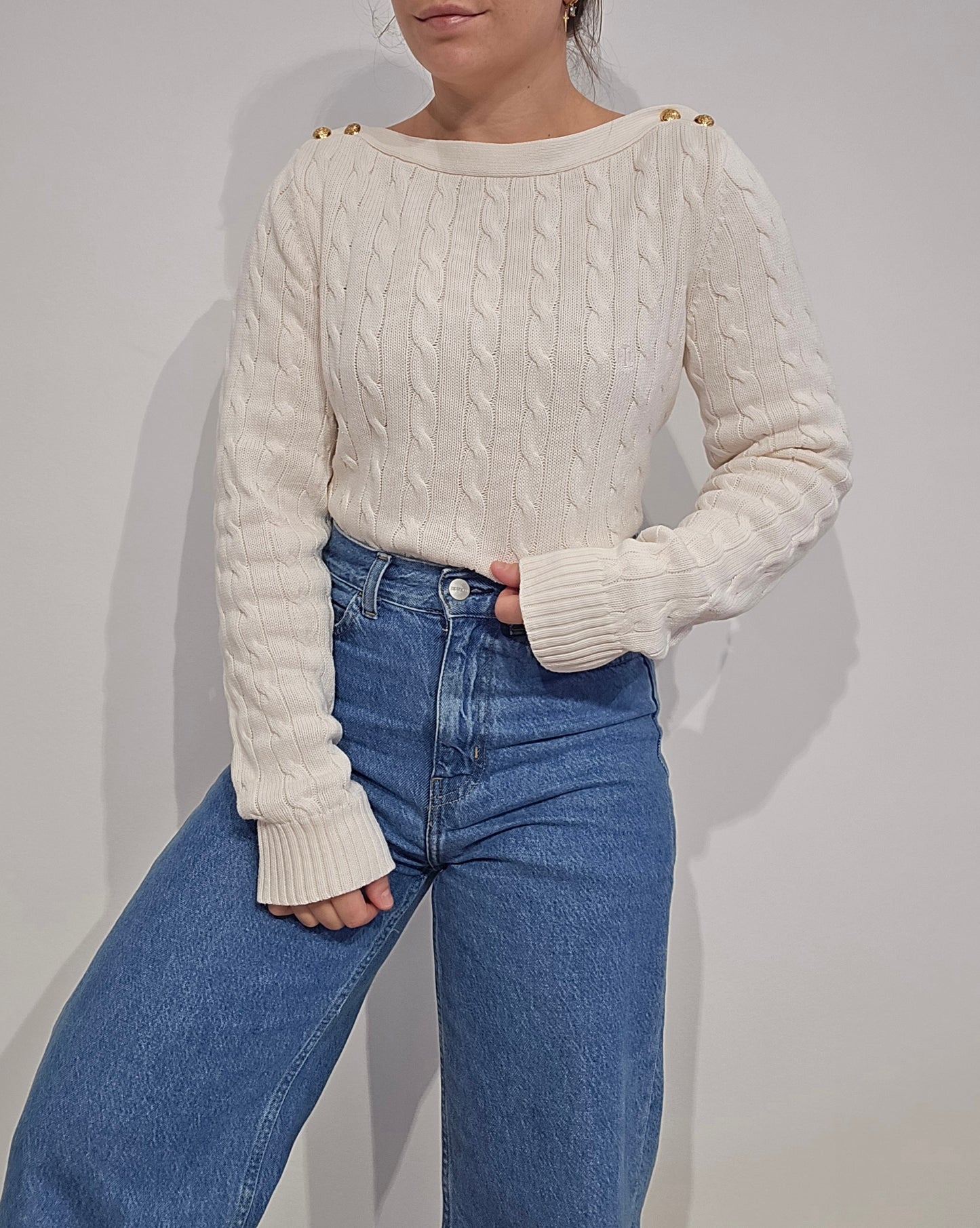 Pull en maille torsadée crème col bateau - M