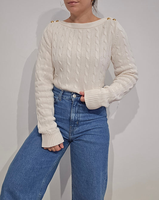 Pull en maille torsadée crème col bateau - M