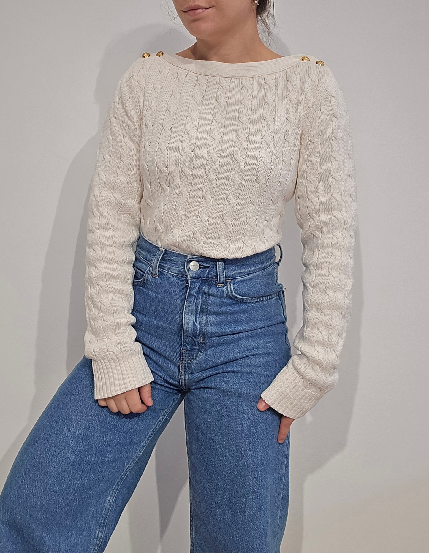 Pull en maille torsadée crème col bateau - M