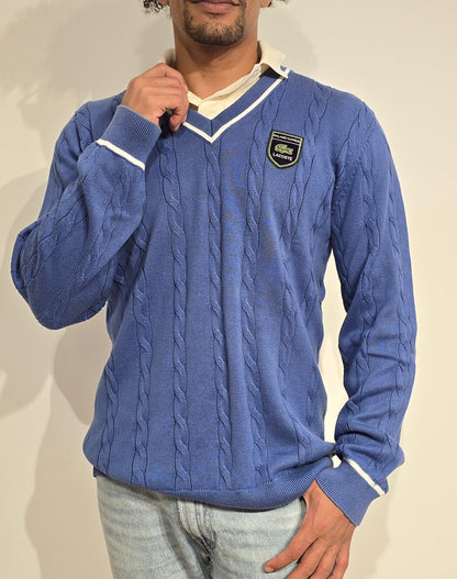 Pull col V en maille torsadée bleu Roland Garros - L