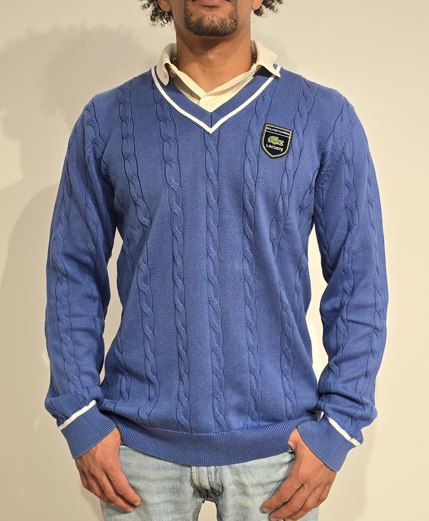 Pull col V en maille torsadée bleu Roland Garros - L