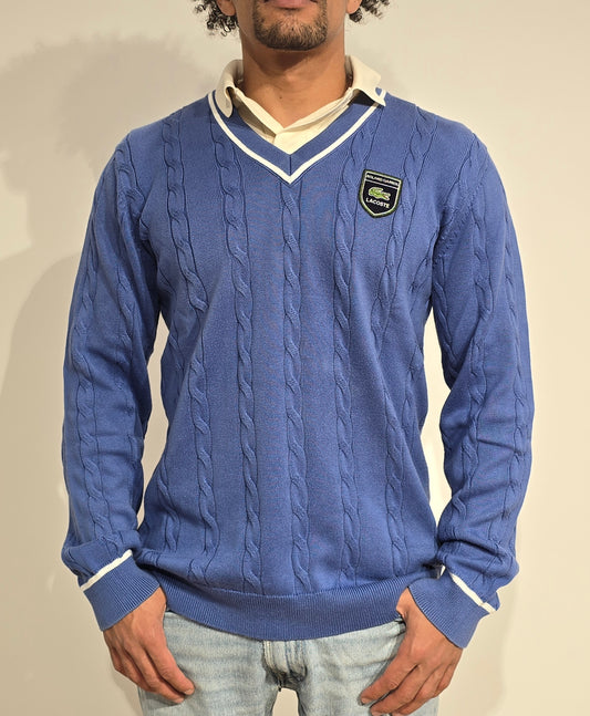Pull col V en maille torsadée bleu Roland Garros - L