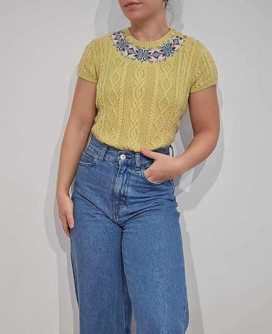 Pull à manches courtes jaune en maille travaillée - XS