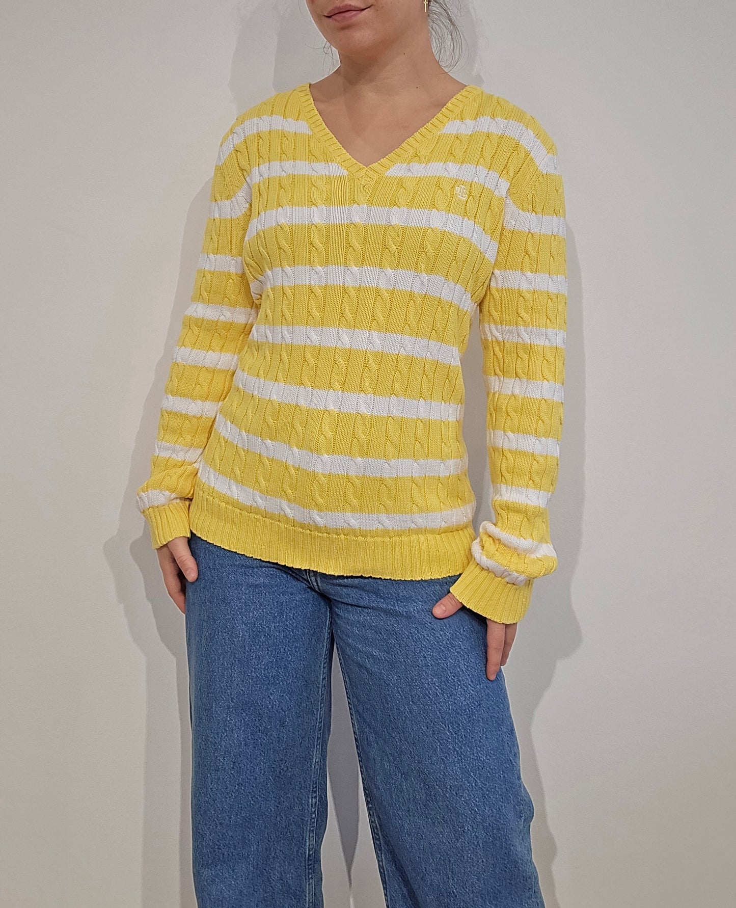 Pull col rond en maille torsadée jaune/blanc collection RLR - S/M