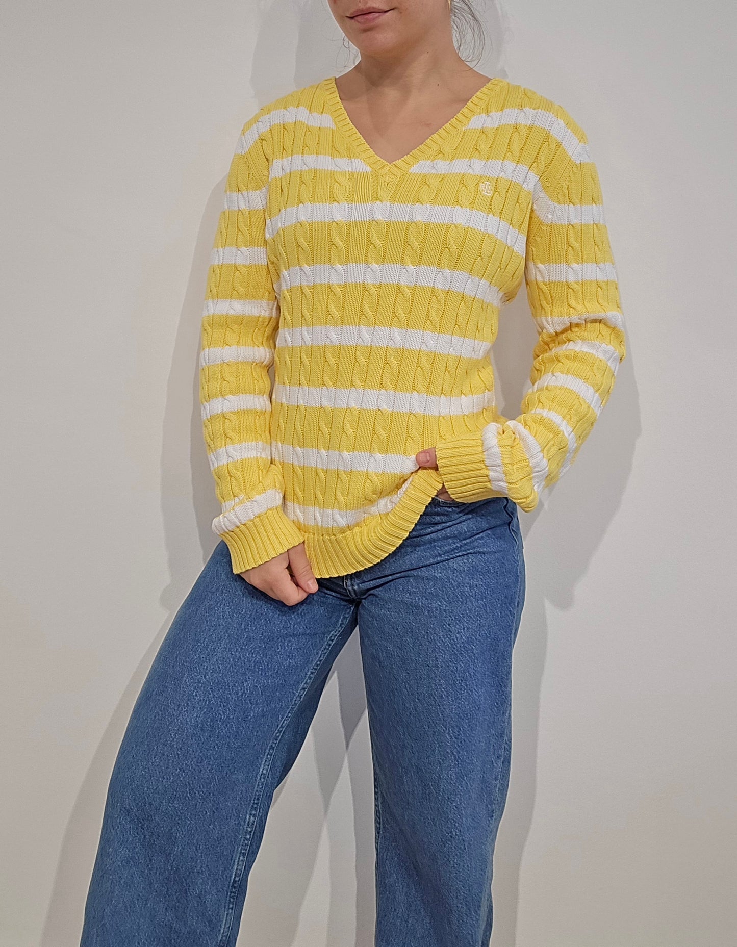 Pull col rond en maille torsadée jaune/blanc collection RLR - S/M