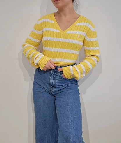 Pull col rond en maille torsadée jaune/blanc collection RLR - S/M