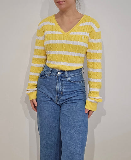 Pull col rond en maille torsadée jaune/blanc collection RLR - S/M