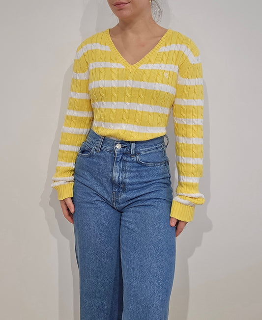 Pull col rond en maille torsadée jaune/blanc collection RLR - S/M