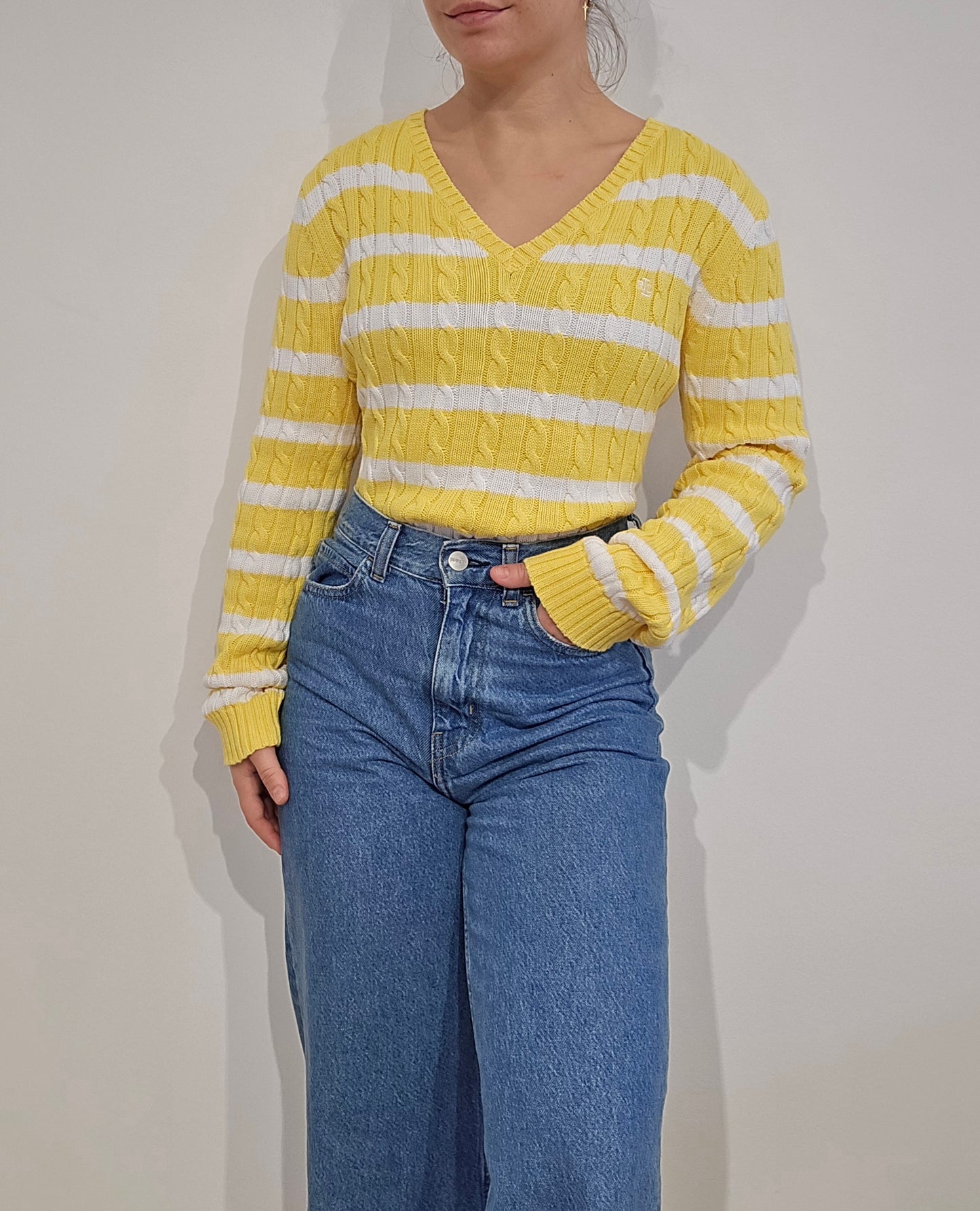 Pull col rond en maille torsadée jaune/blanc collection RLR - S/M