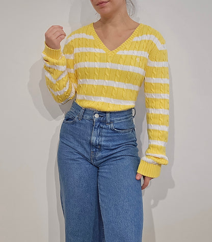 Pull col rond en maille torsadée jaune/blanc collection RLR - S/M