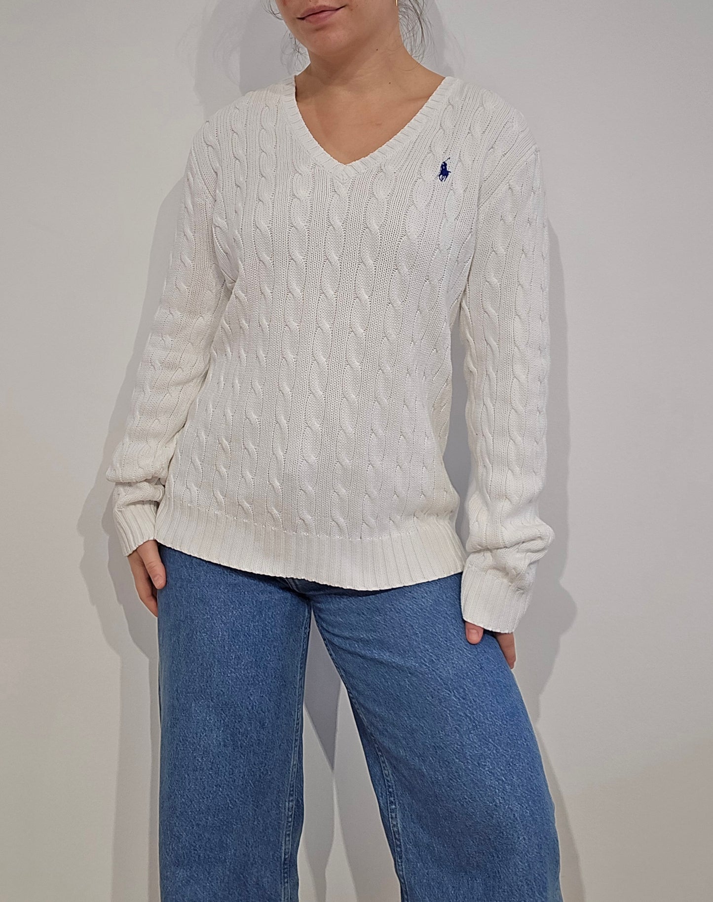 Pull col V en maille torsadée blanc - M/L