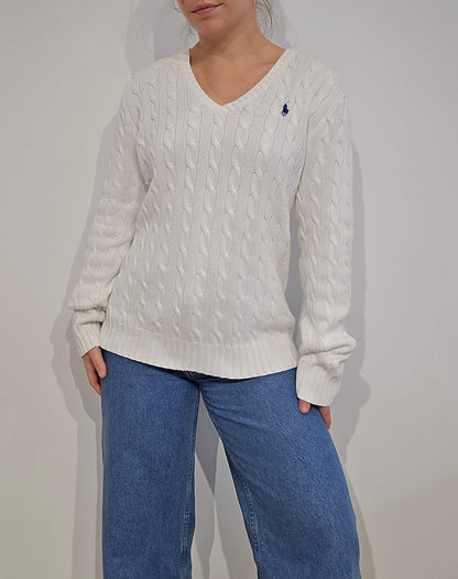 Pull col V en maille torsadée blanc - M/L