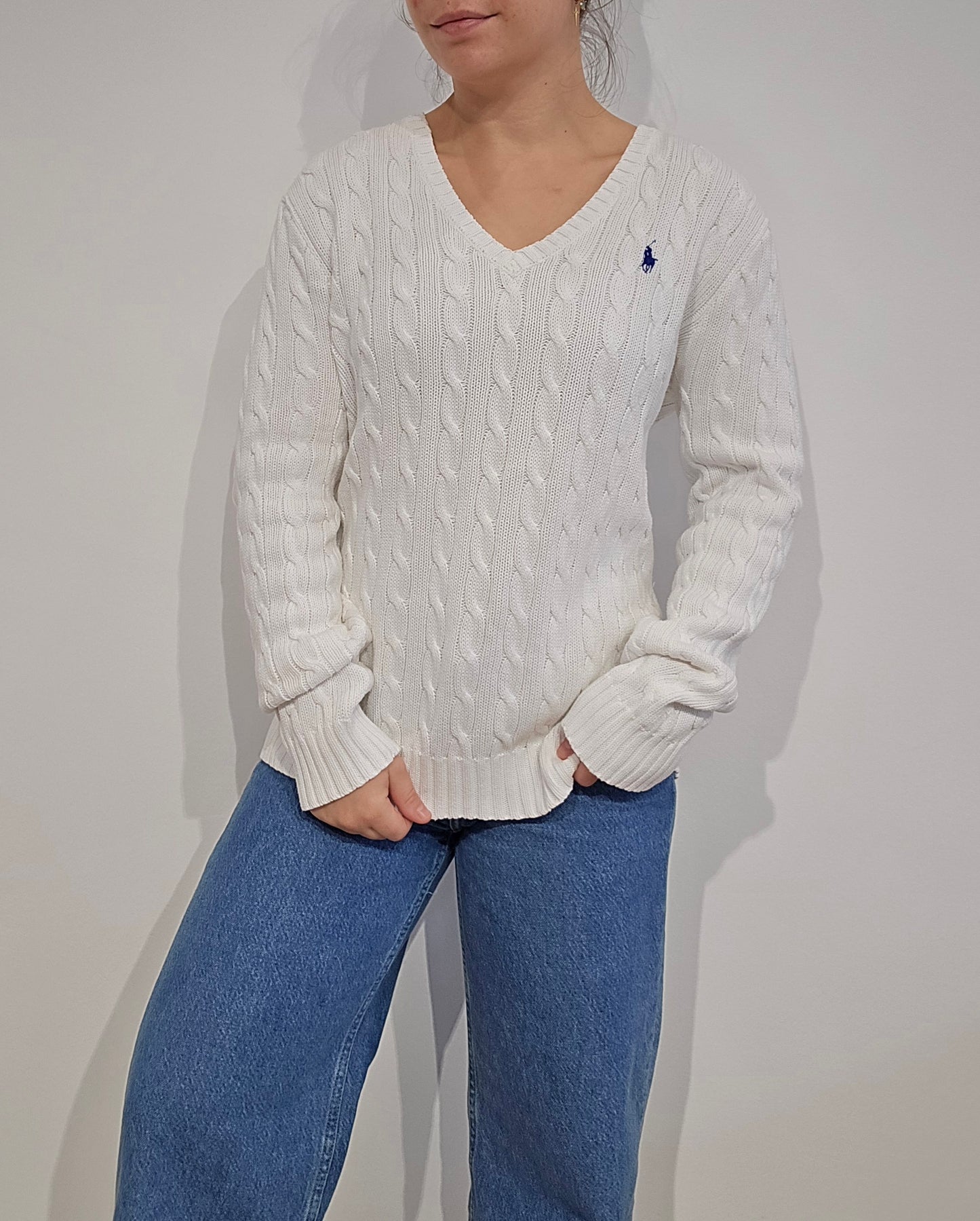 Pull col V en maille torsadée blanc - M/L