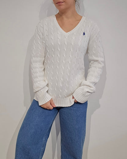 Pull col V en maille torsadée blanc - M/L