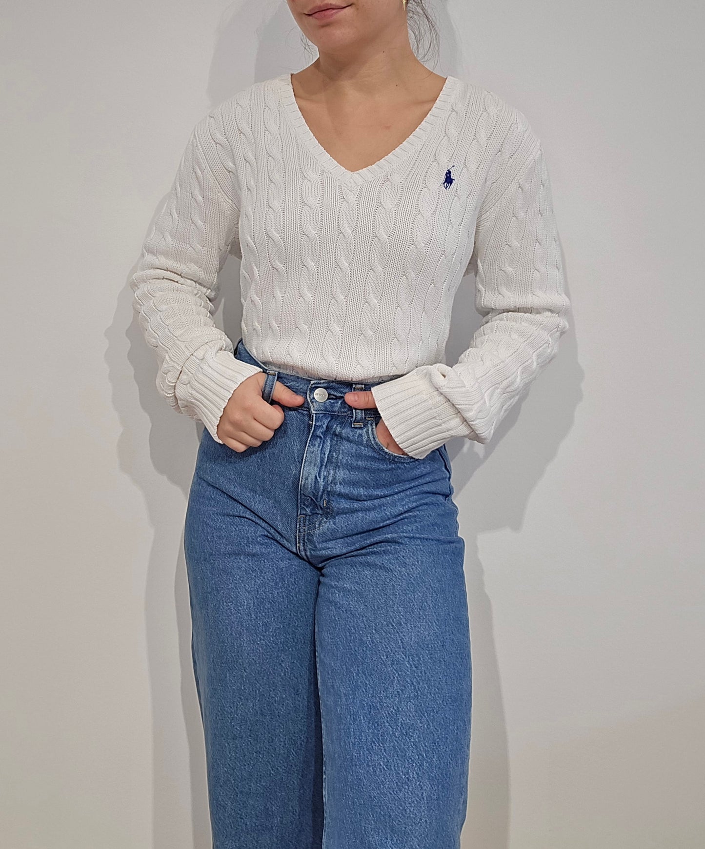 Pull col V en maille torsadée blanc - M/L