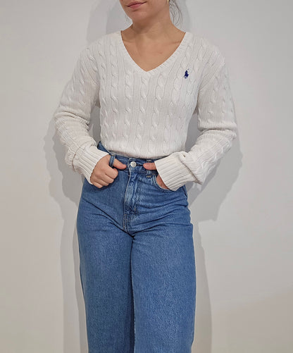 Pull col V en maille torsadée blanc - M/L