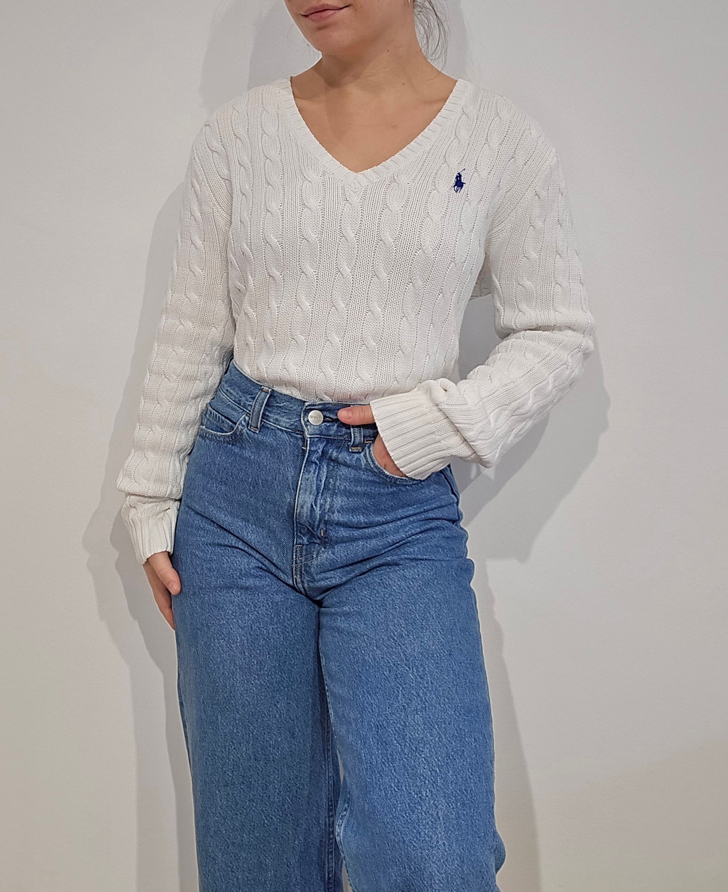 Pull col V en maille torsadée blanc - M/L