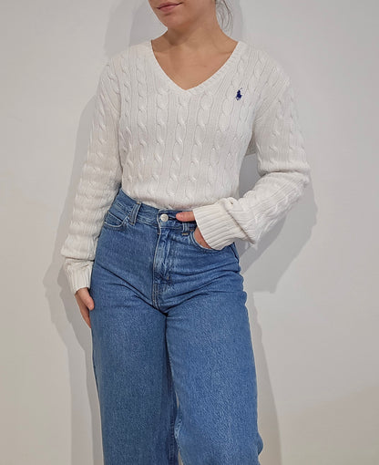 Pull col V en maille torsadée blanc - M/L