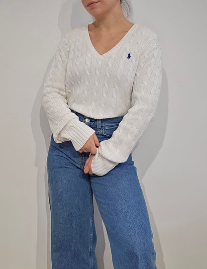 Pull col V en maille torsadée blanc - M/L