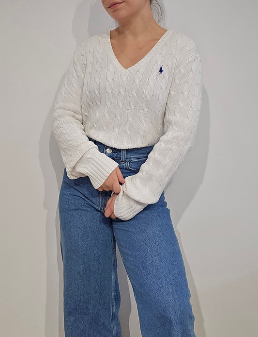 Pull col V en maille torsadée blanc - M/L