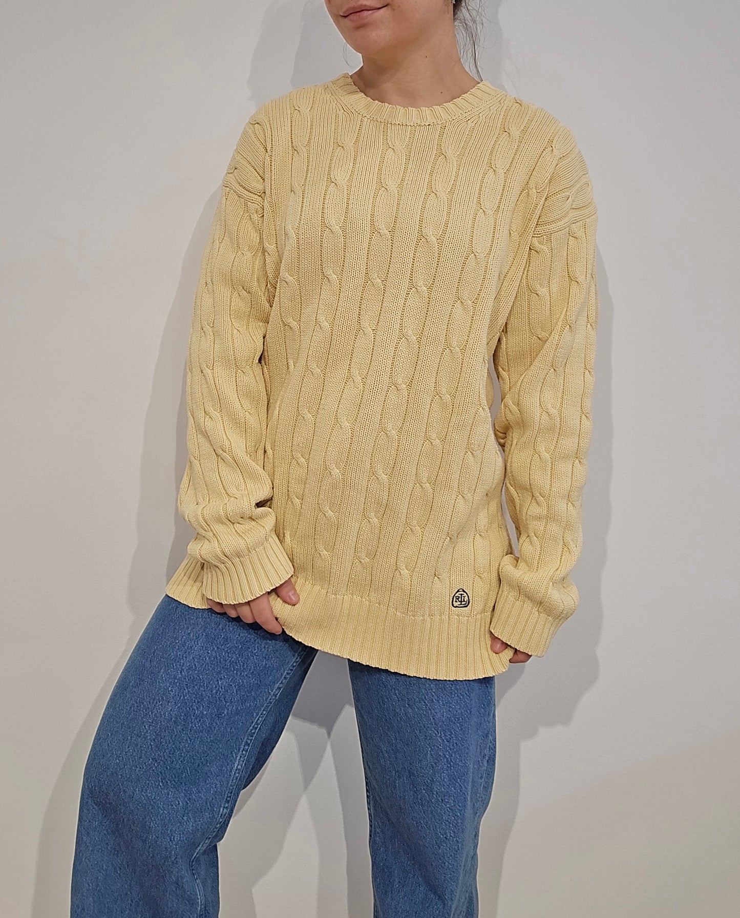 Pull en maille torsadée jaune vintage - XL