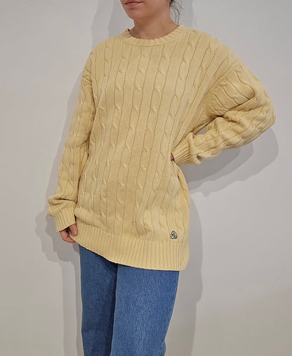 Pull en maille torsadée jaune vintage - XL