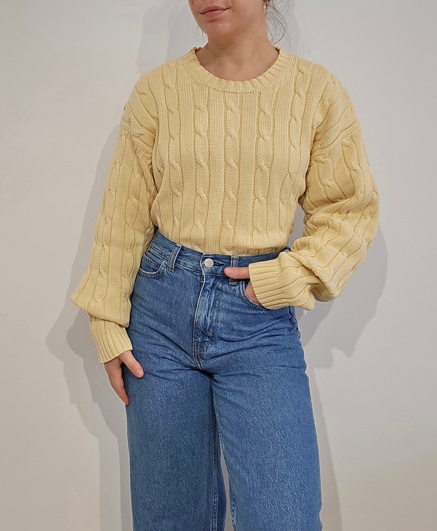 Pull en maille torsadée jaune vintage - XL