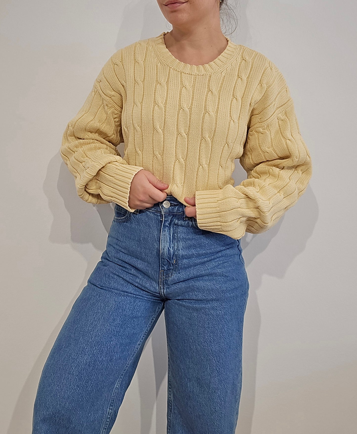 Pull en maille torsadée jaune vintage - XL