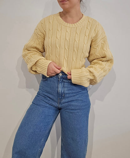 Pull en maille torsadée jaune vintage - XL
