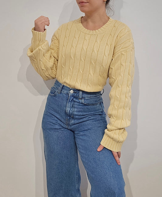 Pull en maille torsadée jaune vintage - XL