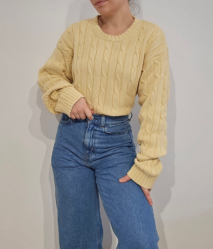 Pull en maille torsadée jaune vintage - XL