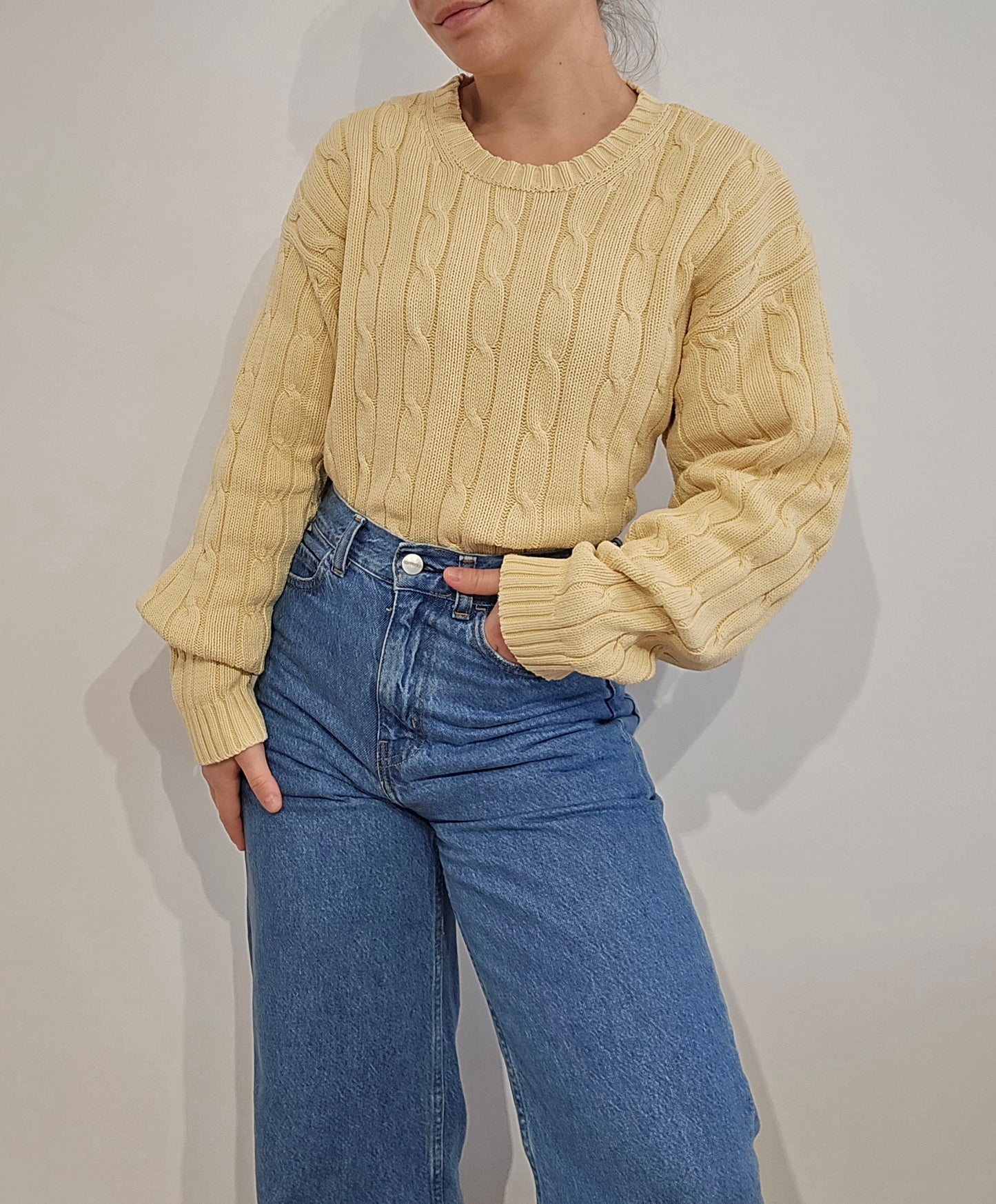 Pull en maille torsadée jaune vintage - XL