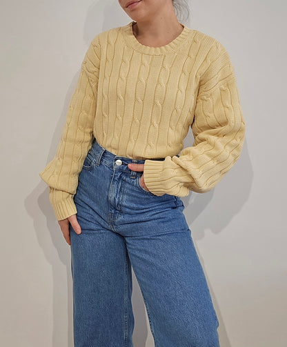 Pull en maille torsadée jaune vintage - XL