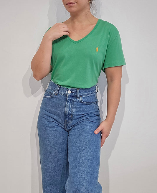 Tee-shirt col V en coton vert - L/XL