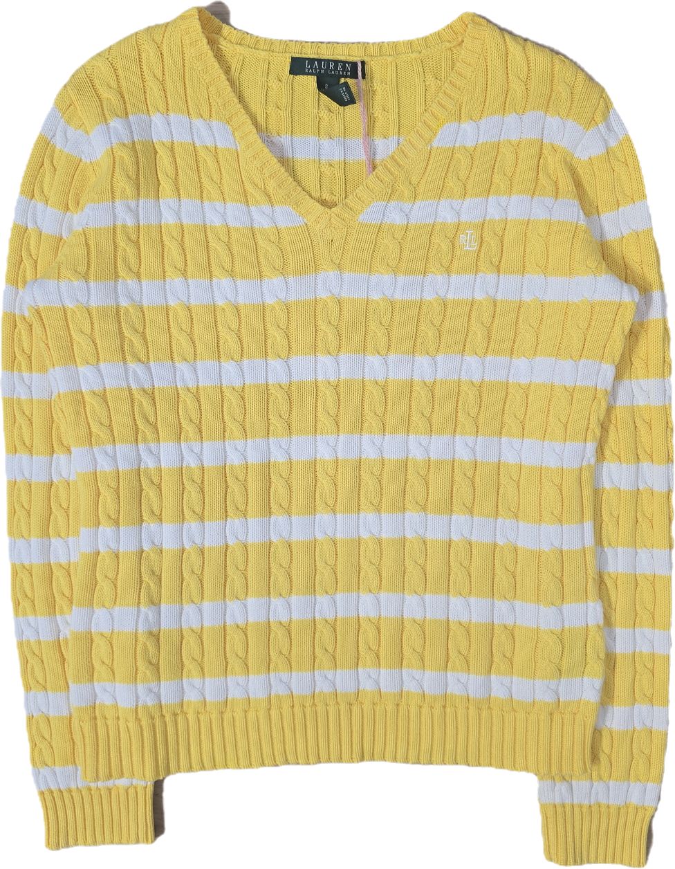 Pull col rond en maille torsadée jaune/blanc collection RLR - S/M