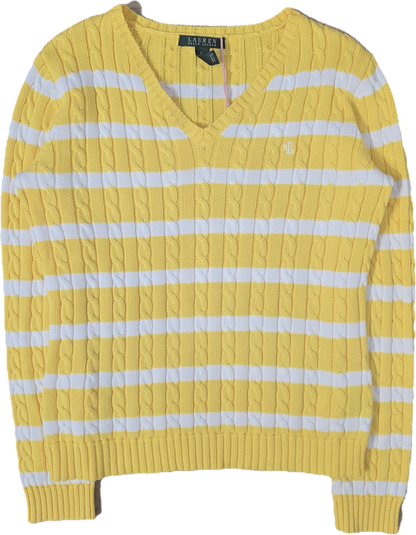 Pull col rond en maille torsadée jaune/blanc collection RLR - S/M