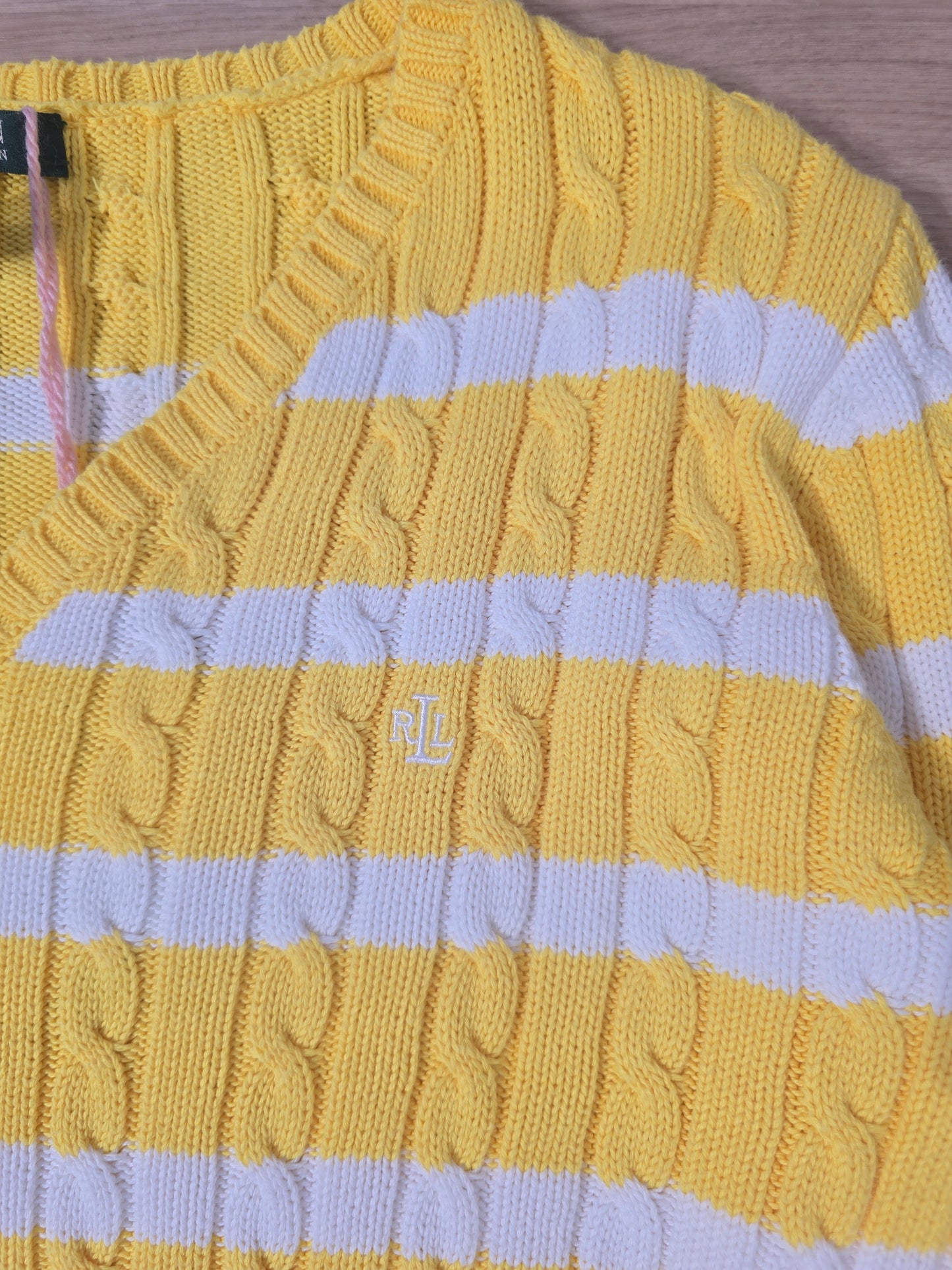 Pull col rond en maille torsadée jaune/blanc collection RLR - S/M