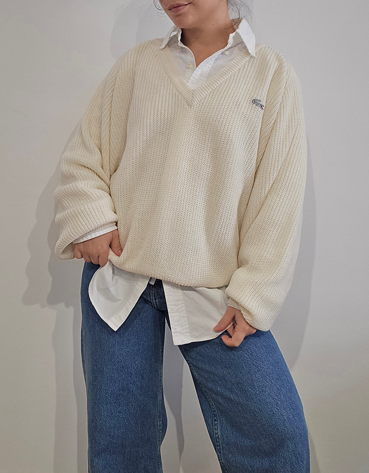 Pull col V creme en maille côtelée Fabriqué en Espagne - M/L