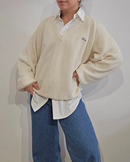 Pull col V creme en maille côtelée Fabriqué en Espagne - M/L