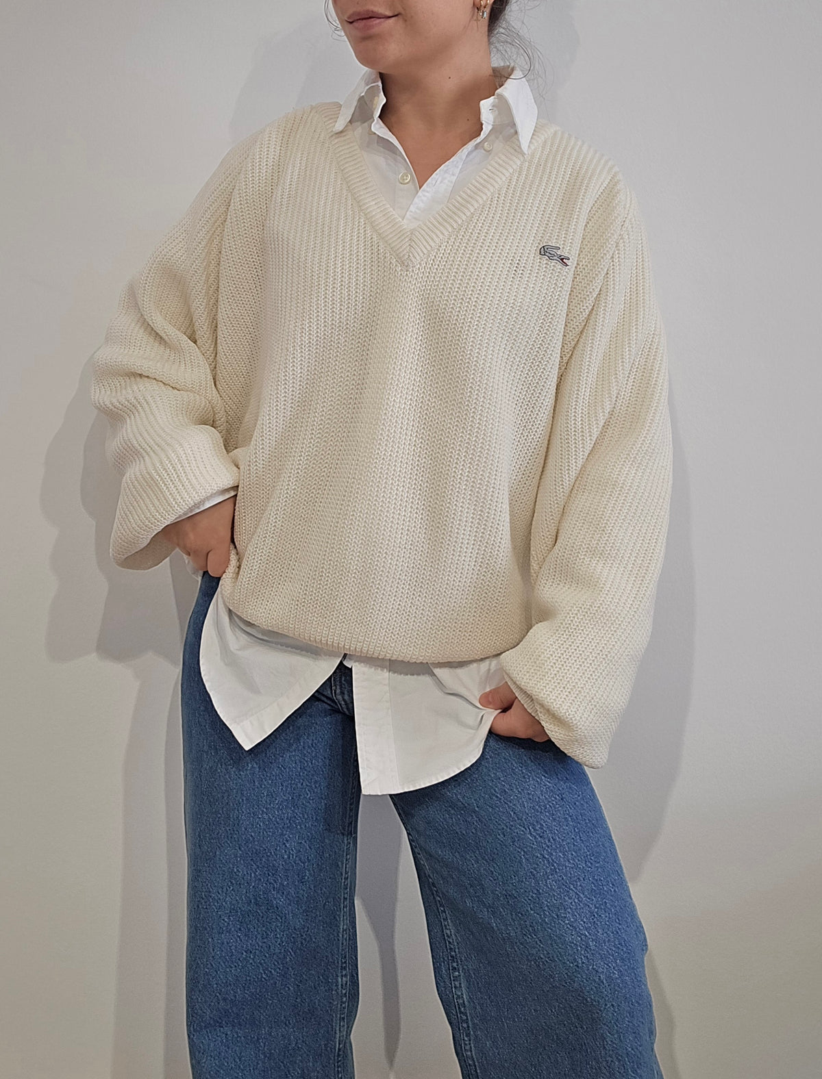 Pull col V creme en maille côtelée Fabriqué en Espagne - M/L