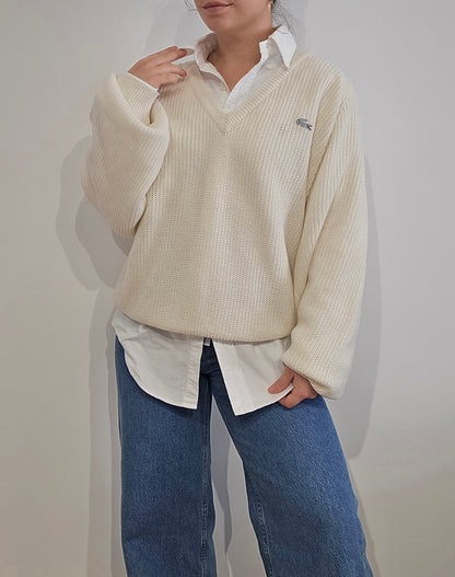 Pull col V creme en maille côtelée Fabriqué en Espagne - M/L