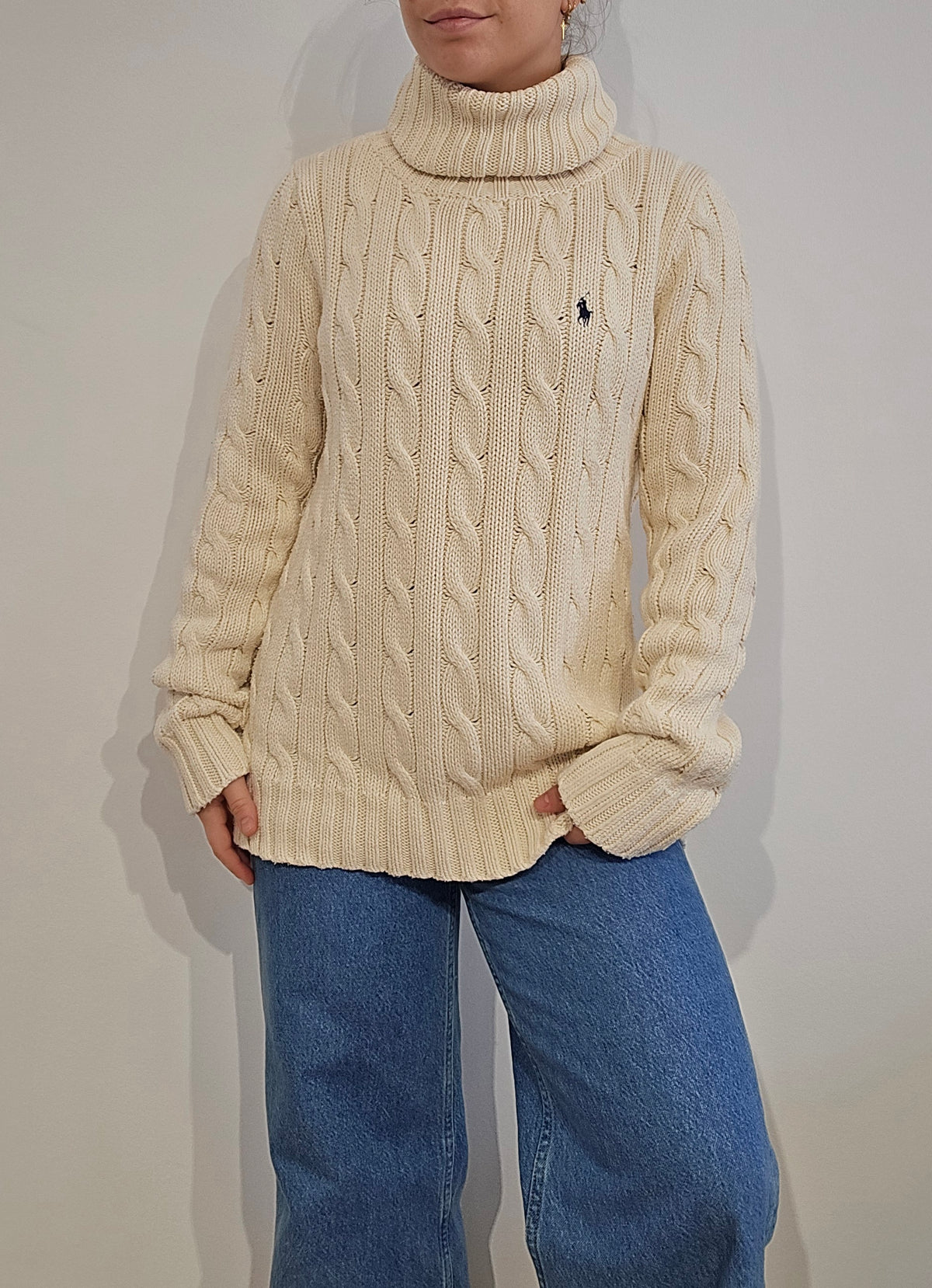 Pull col roulé en maille torsadée crème - XL